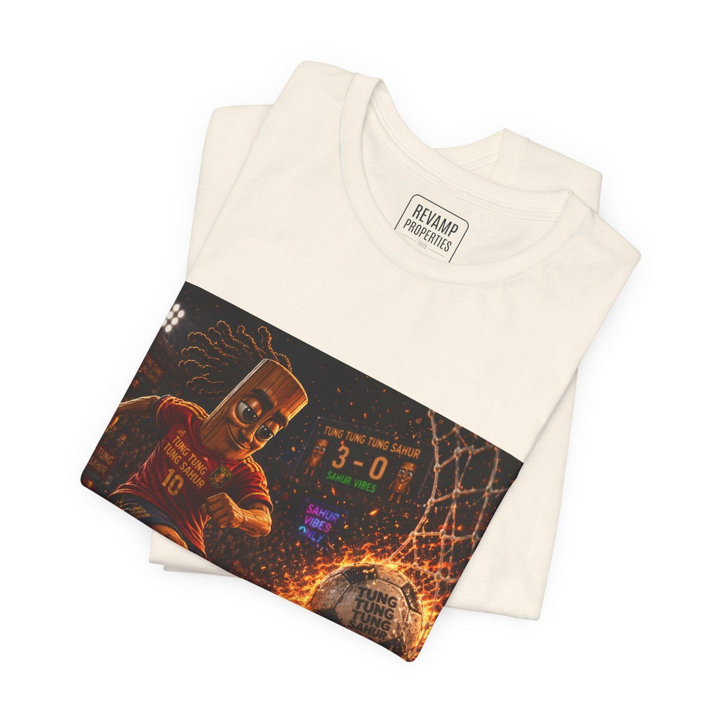 Tung Tung Tung Sahur Soccer Kick Firestorm Graphic Tee — ‘Goal’ Animated Kick Design