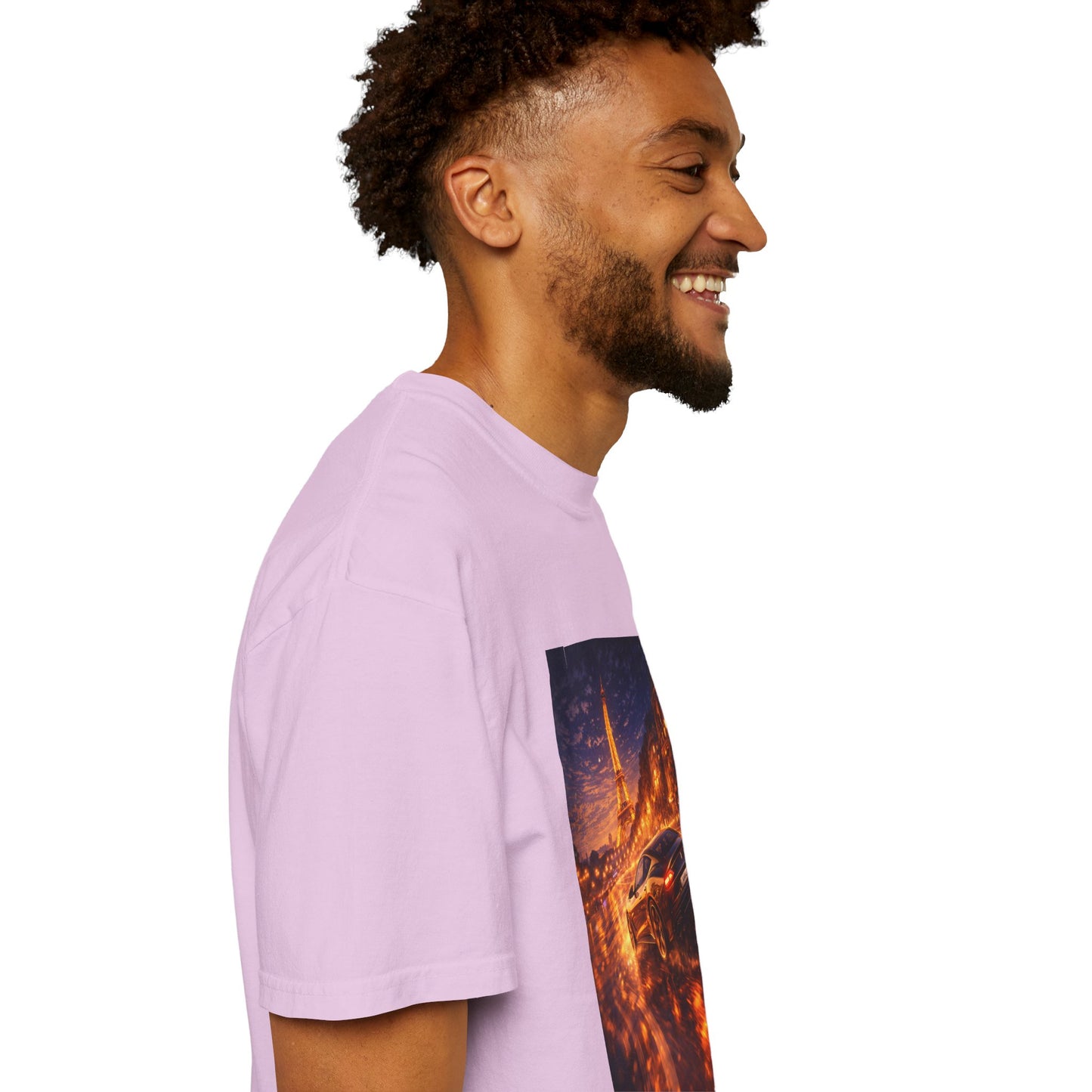 Paris Night Drive T-Shirt — Sports Car in Rainy Cityscape