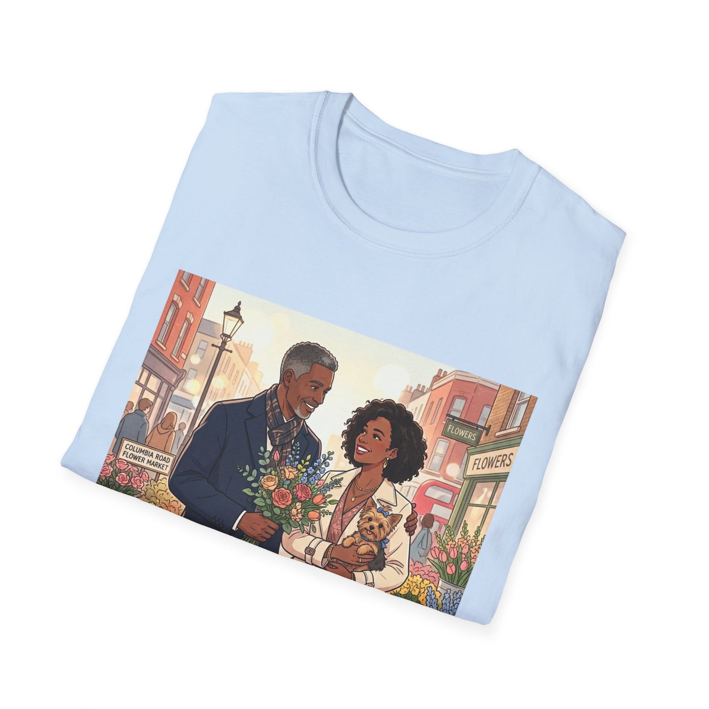 Romantic City Stroll T-Shirt — Couple Bouquet Illustration