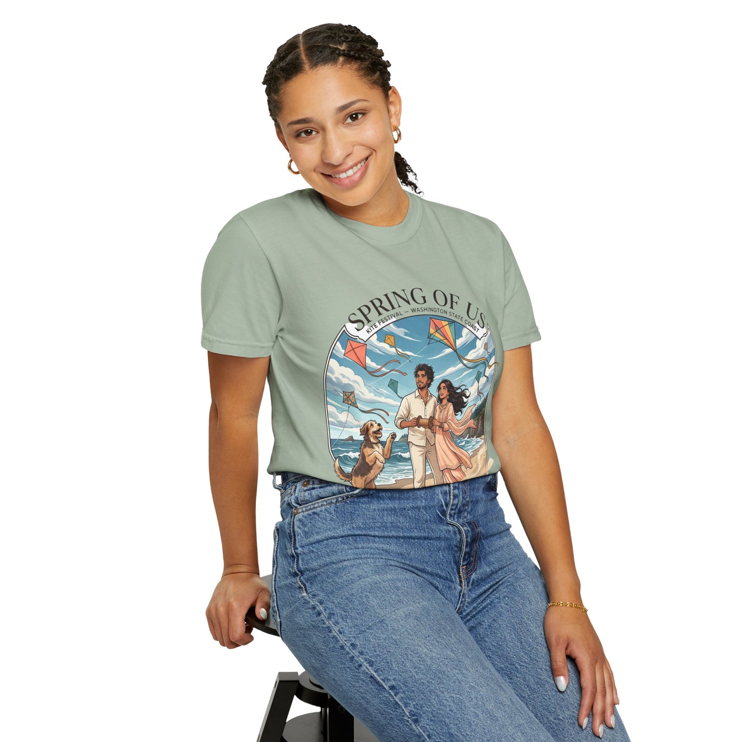 Spring of Us T-Shirt — Romantic Beach Couple Illustration with Dog
