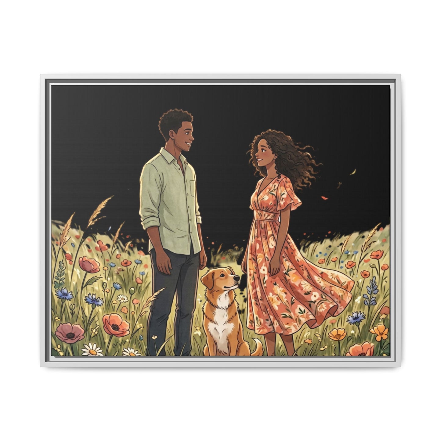 Framed Matte Canvas Print — Romantic Couple in Wildflower Field (Multi‑Color)