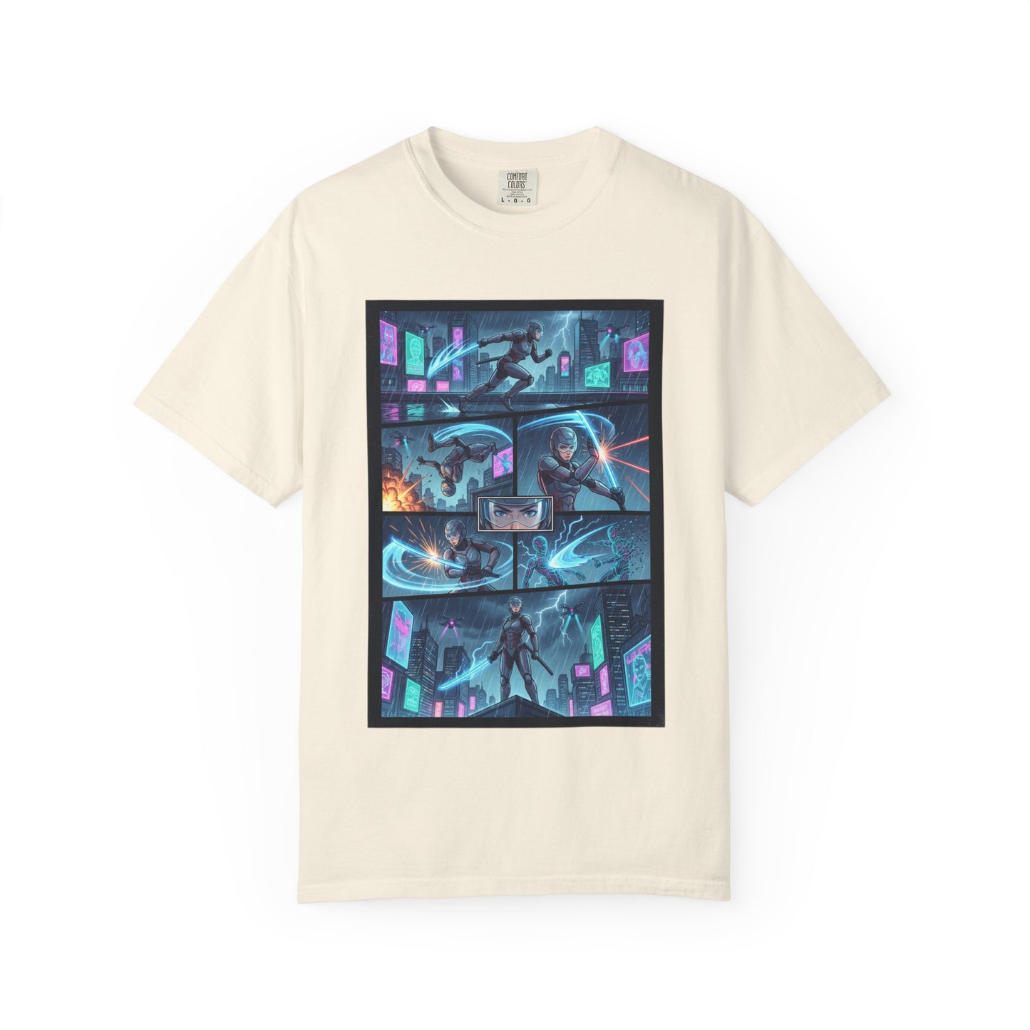 Cyberpunk Girl Samurai T-Shirt — Neon Manga Panel Graphic Tee