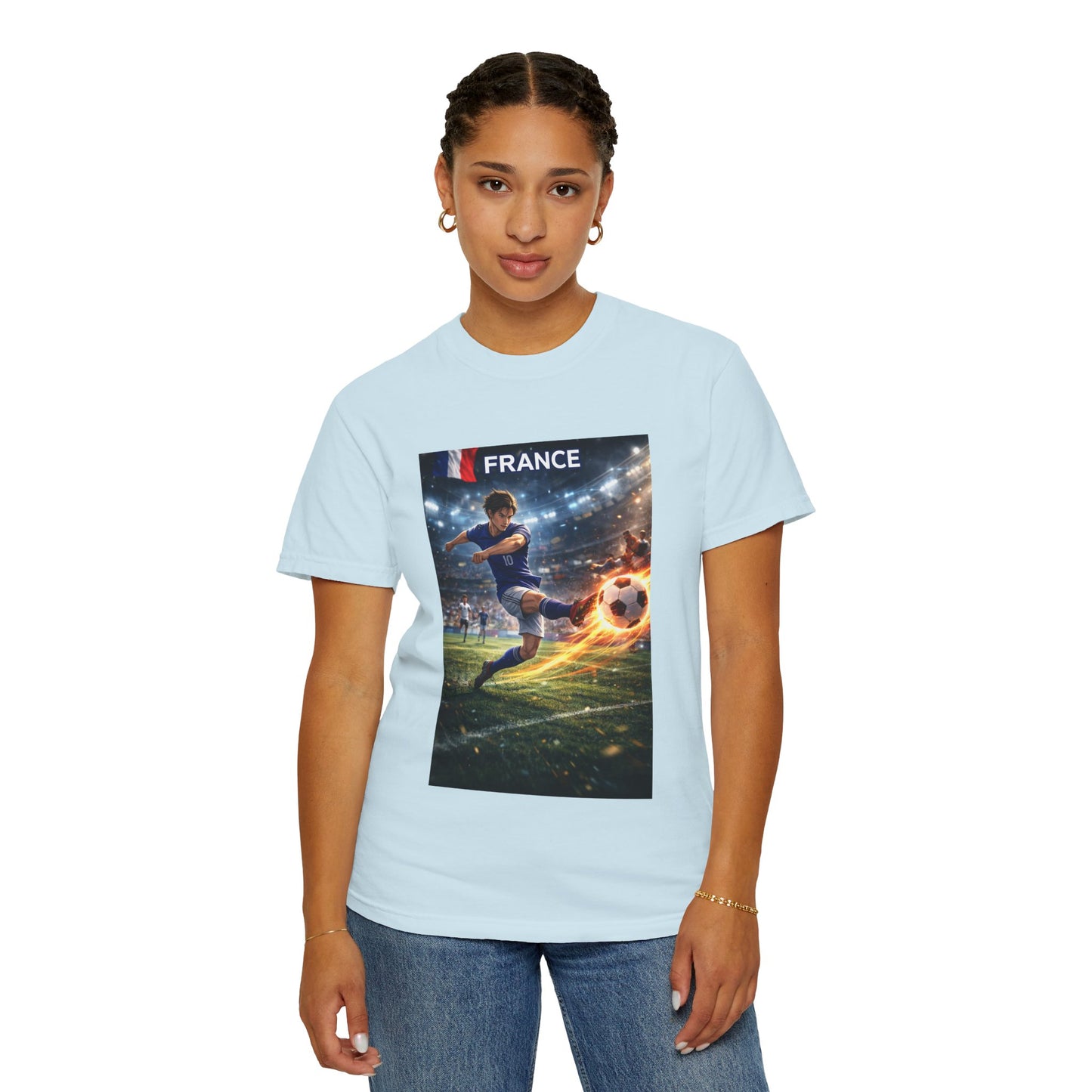 France Soccer Player Graphic T-Shirt — Football Kick Stadium Design