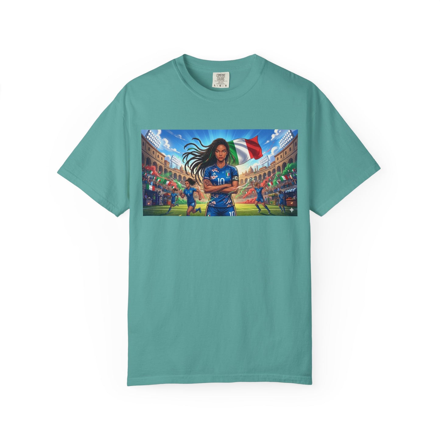 Italian Soccer Fan T‑Shirt – Inspirational Female Player with Italy Flag Stadium Print