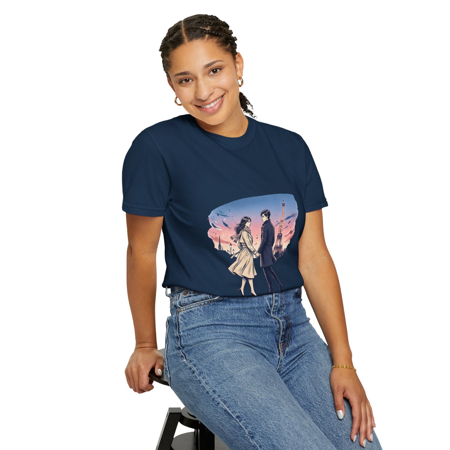 Paris Sunset Romance T-Shirt — Couple Walking by Eiffel Tower Graphic Tee