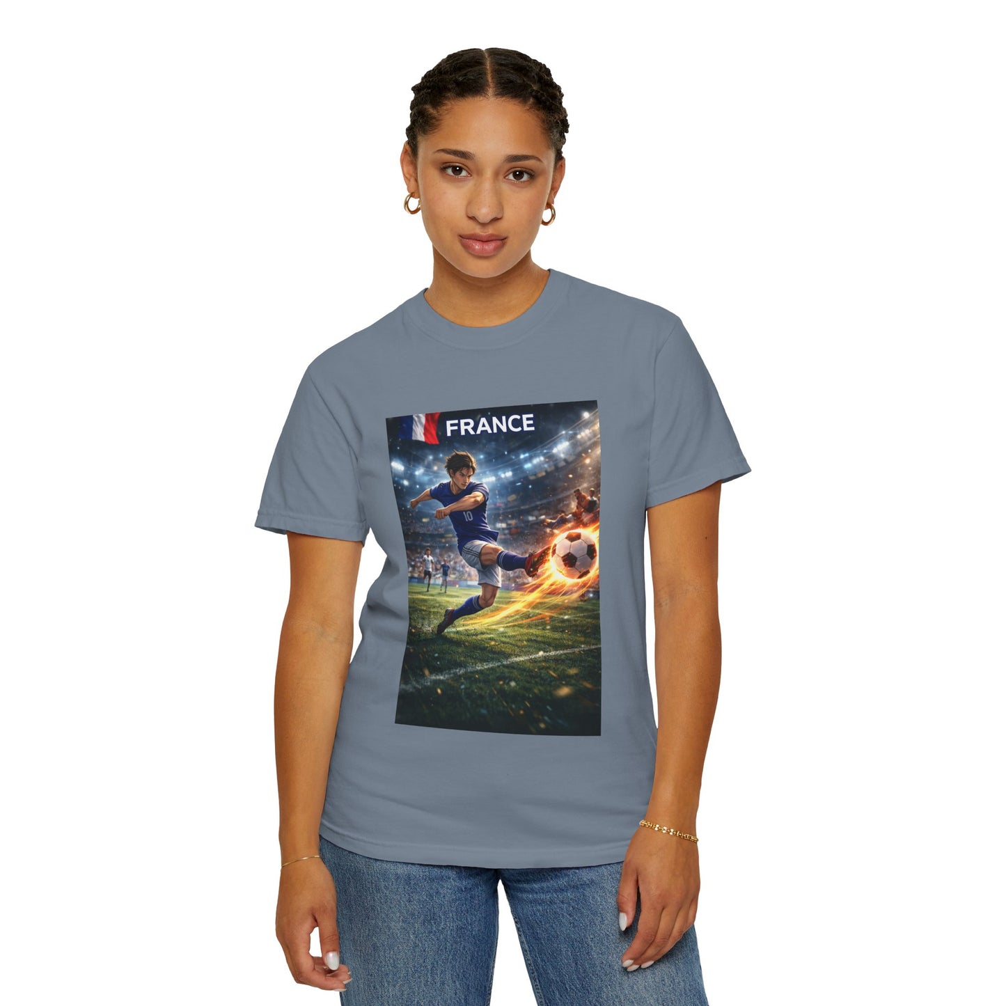 France Soccer Player Graphic T-Shirt — Football Kick Stadium Design