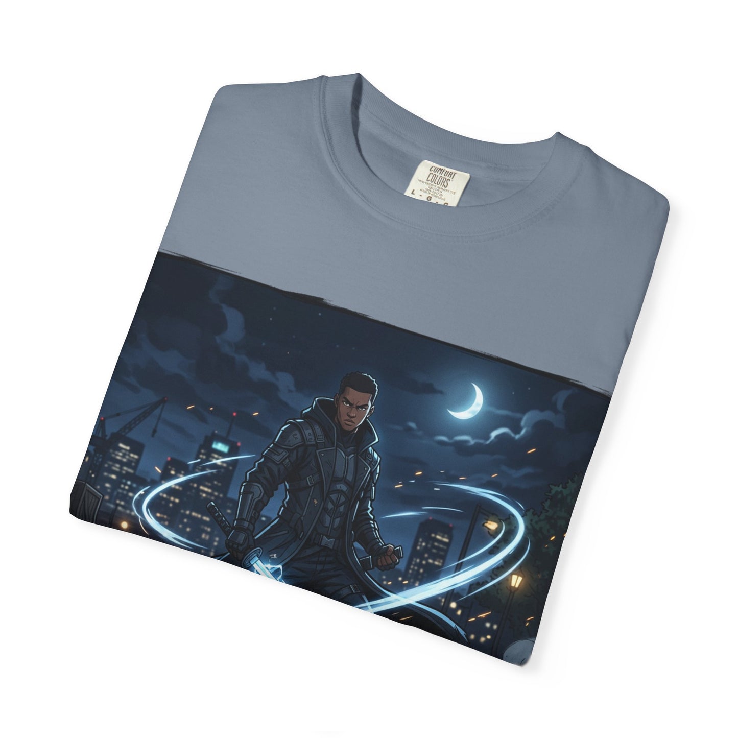Urban Night Warrior T-Shirt — Neon Samurai Cityscape