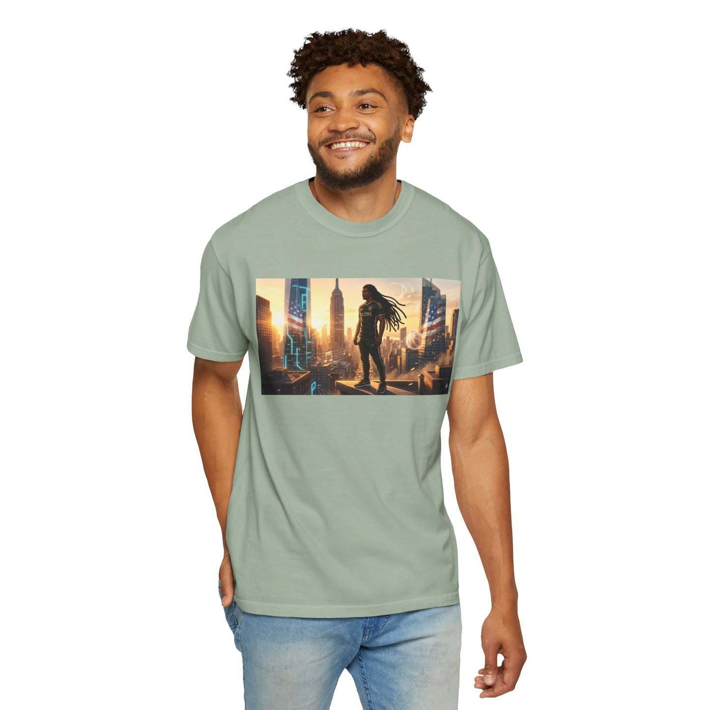 Cyberpunk Cityscape T-Shirt — Silhouette Hero at Sunset