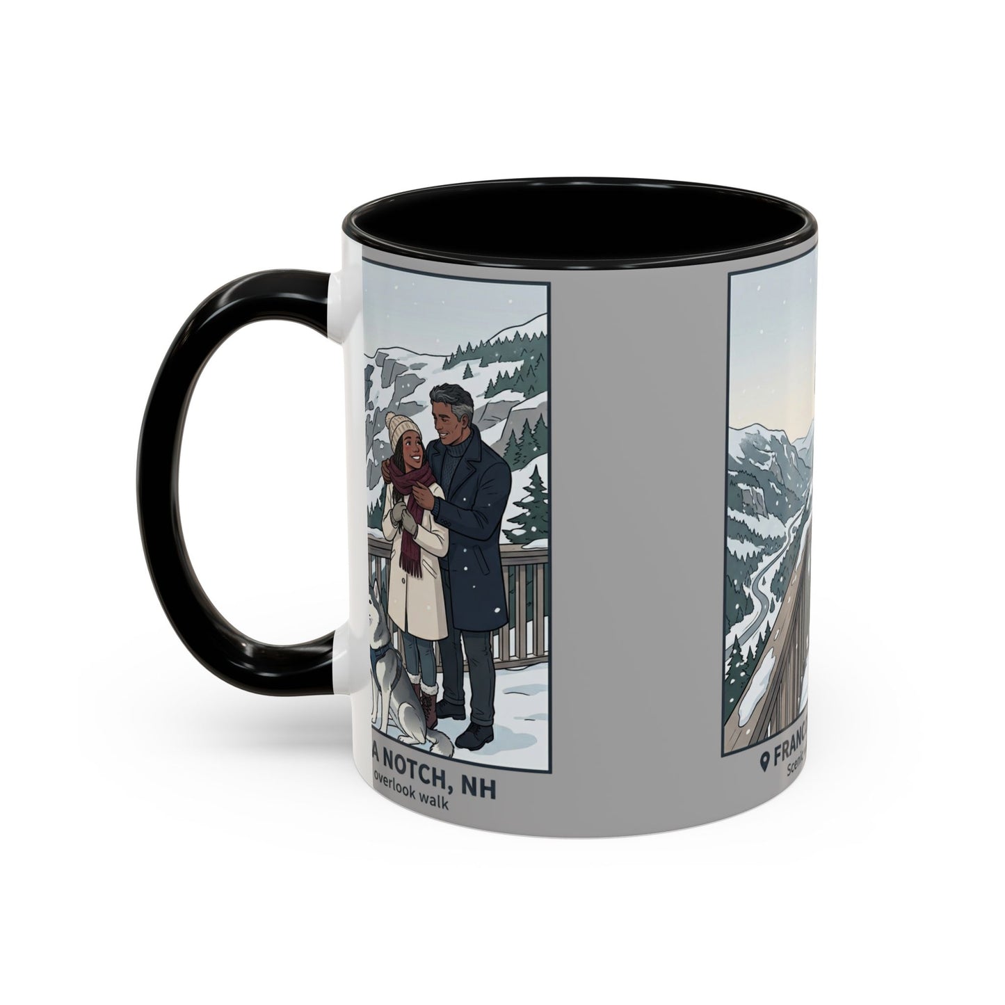 Franconia Notch Scenic Winter Mug — Couples & Dog Snowy Overlook Coffee Cup (11/15oz)
