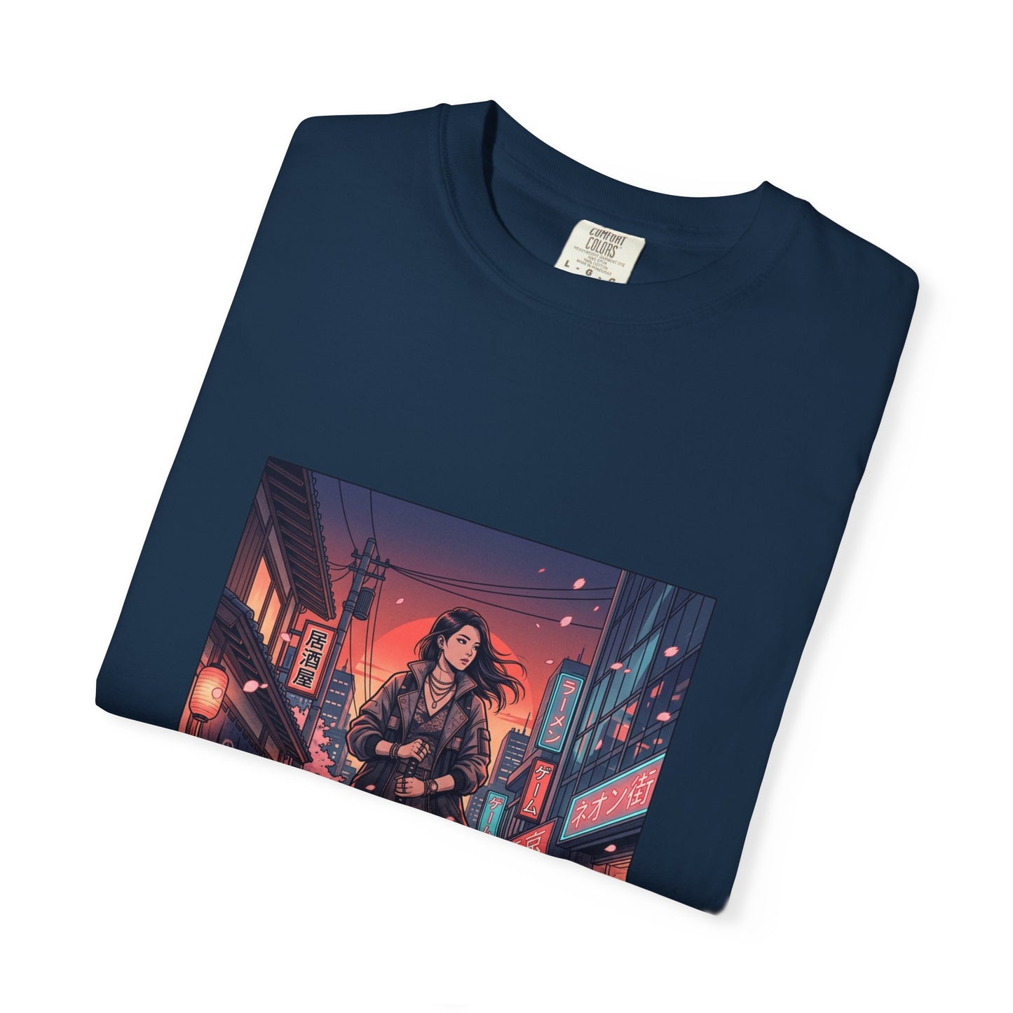 Cyberpunk Night Streets T‑Shirt — Neon Samurai Girl Graphic Tee