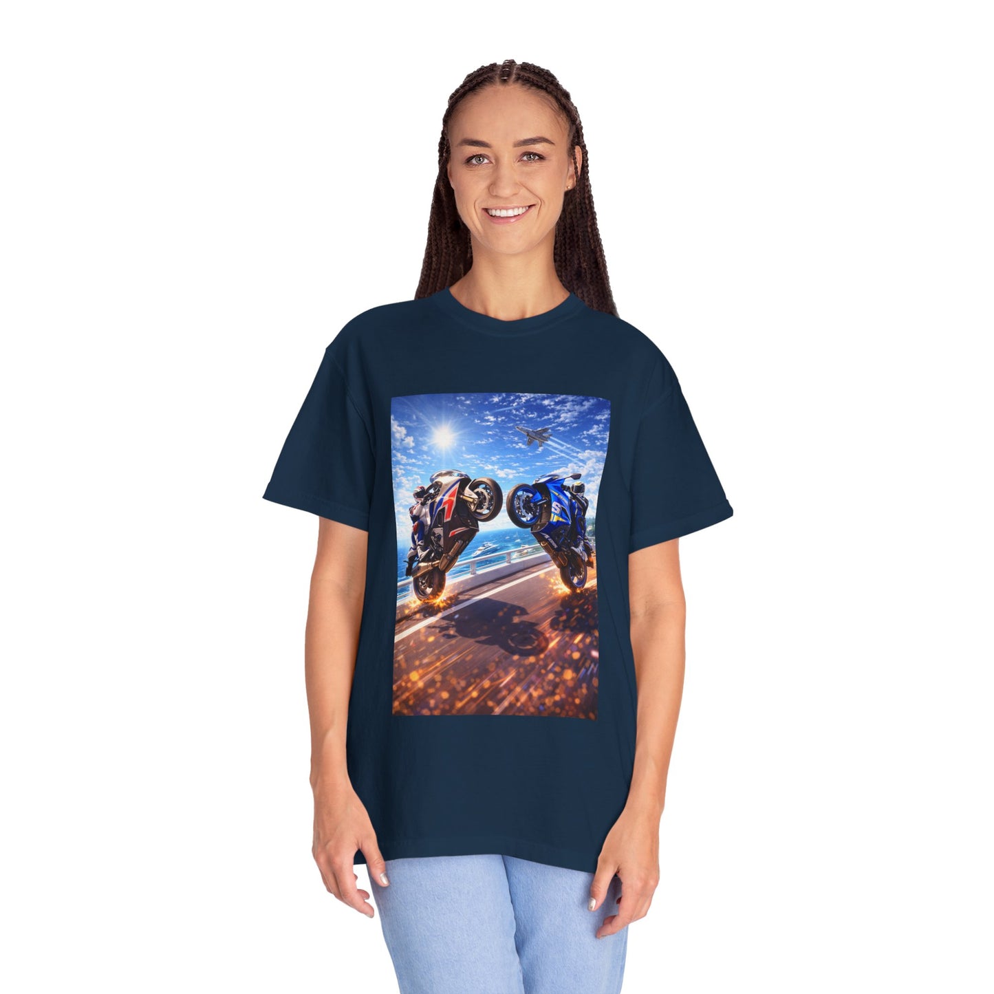 Stunt Riders Motorcycle T-Shirt — Two Bike Wheelie Racing Graphic Tee
