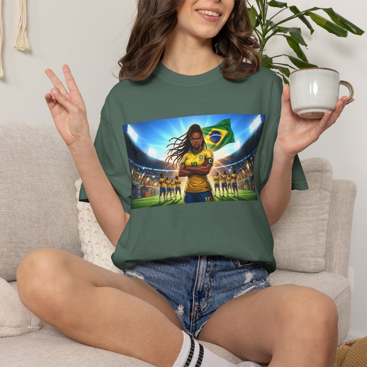 Brazil Soccer Captain T-Shirt — Player Holding Ball with Brazilian Flag Stadium Graphic