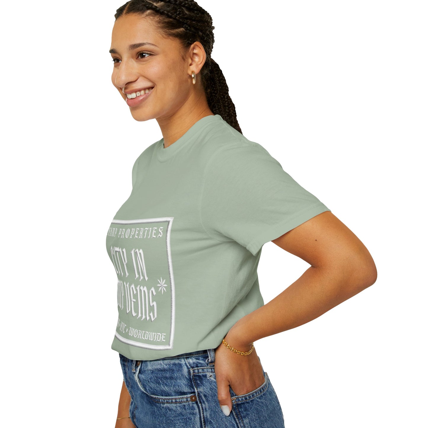City In My Veins T‑Shirt — Vintage Cityscape Tee (Boston • NYC • Manchester)