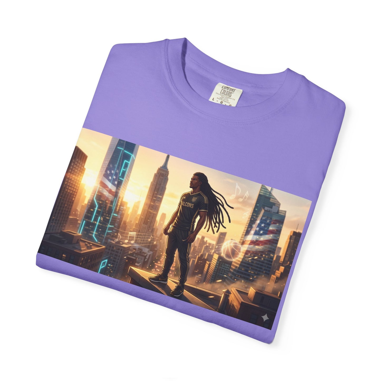 Cyberpunk Cityscape T-Shirt — Silhouette Hero at Sunset