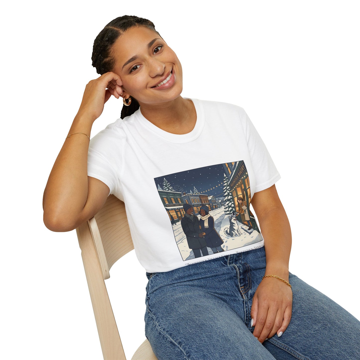 Winter String Lights Stroll T-Shirt — Cozy Holiday Street Scene Graphic Tee