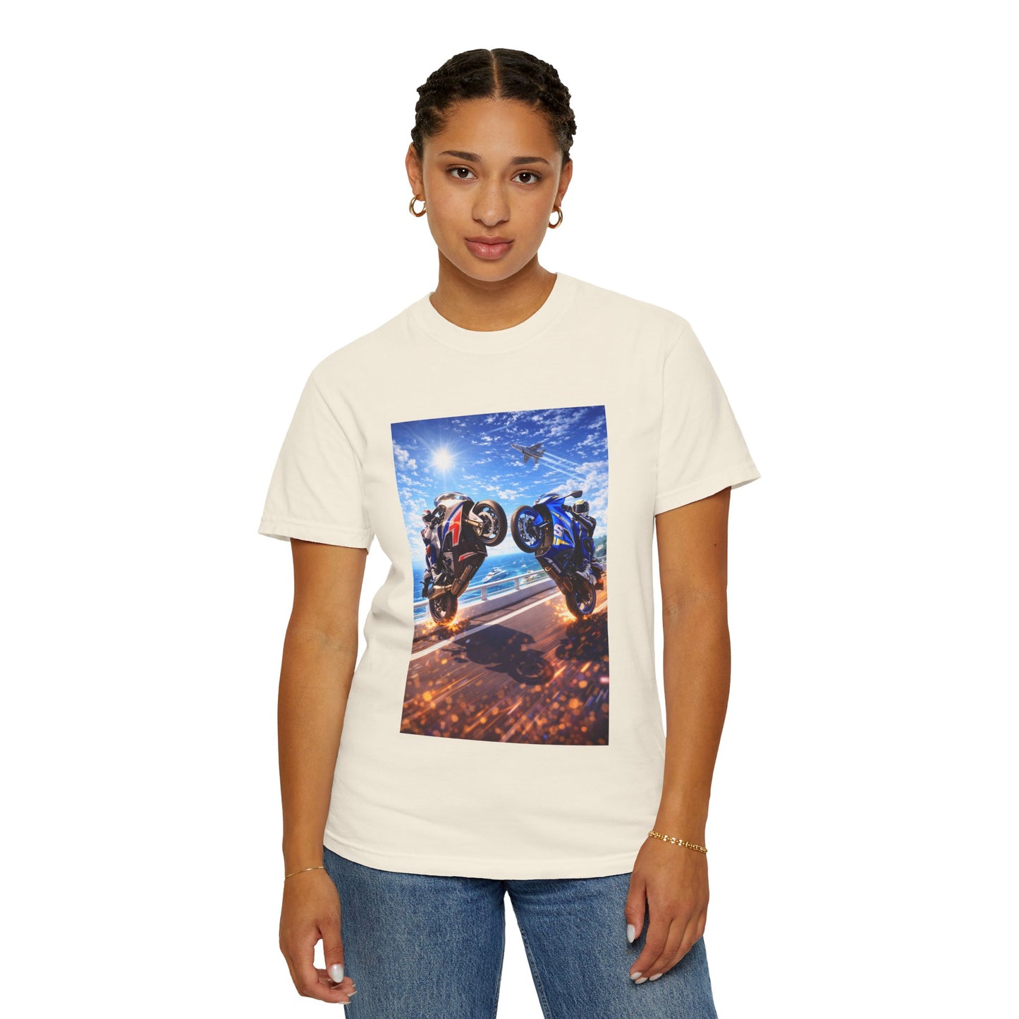 Stunt Riders Motorcycle T-Shirt — Two Bike Wheelie Racing Graphic Tee