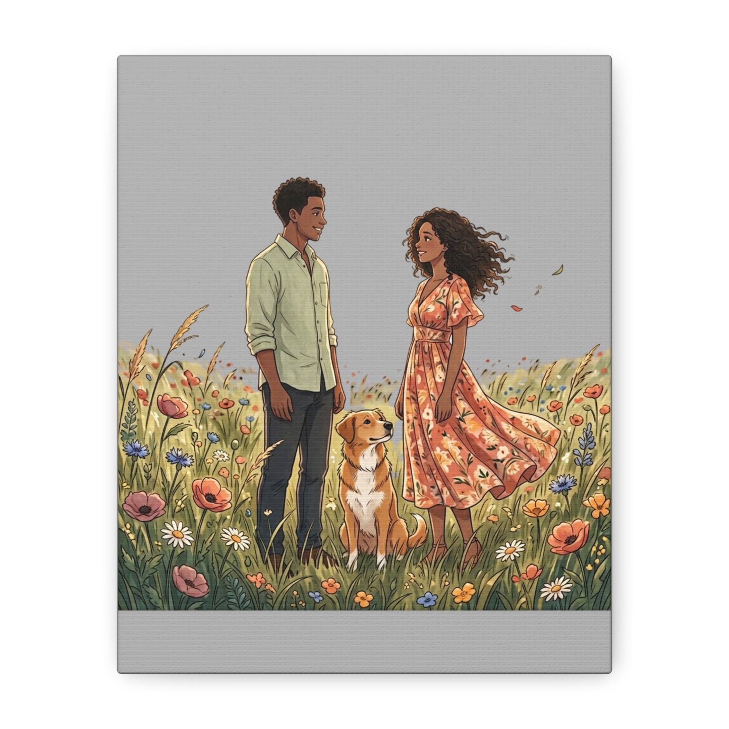 Romantic Couple in Wildflower Field Canvas Art — Black Love Wall Decor with Dog