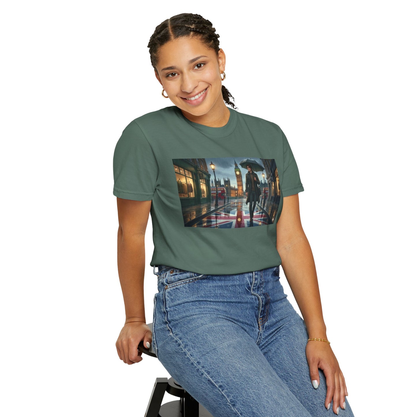 T-Shirt — Rainy London Street Scene Graphic Tee (Big Ben, Umbrella, Night Cityscape)