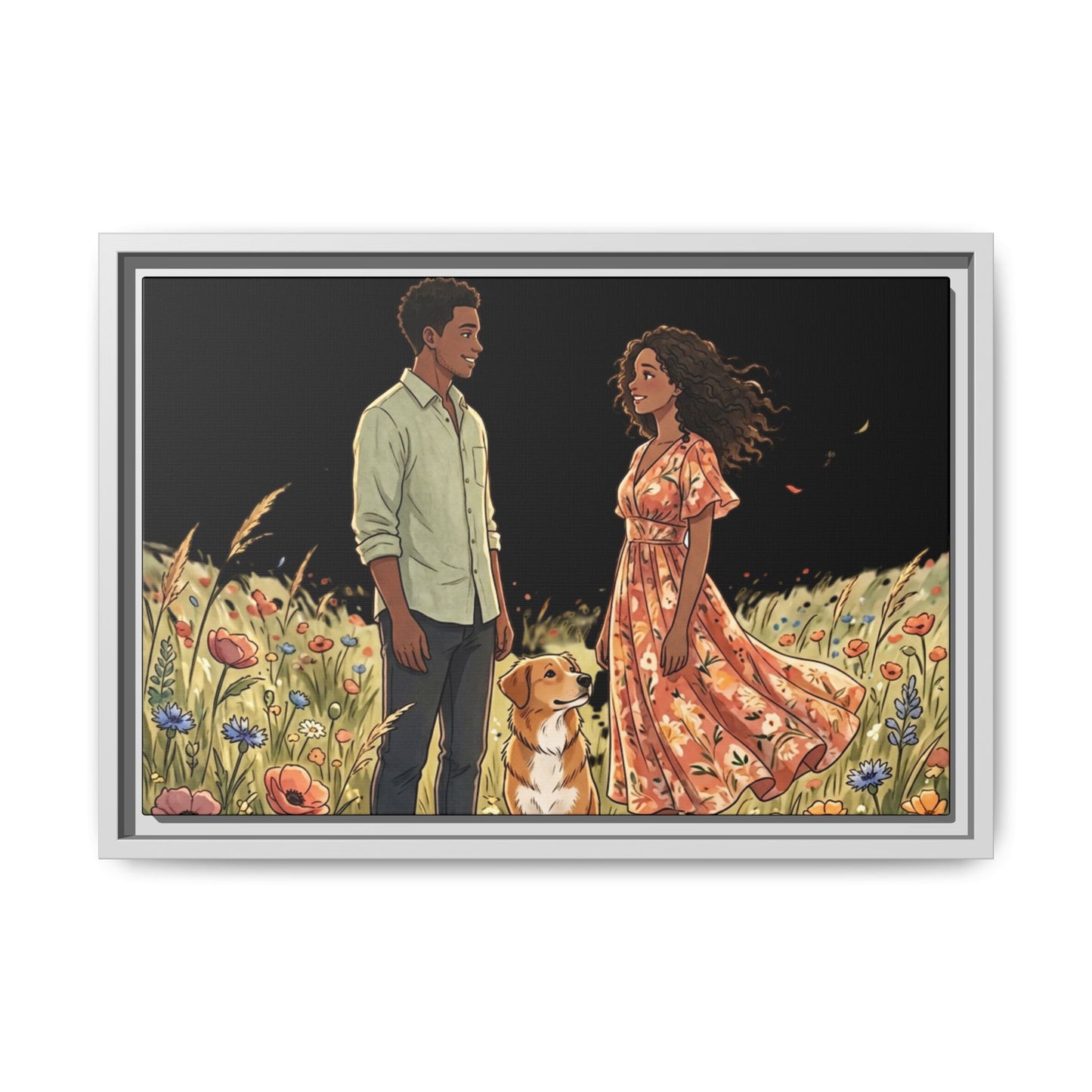 Framed Matte Canvas Print — Romantic Couple in Wildflower Field (Multi‑Color)