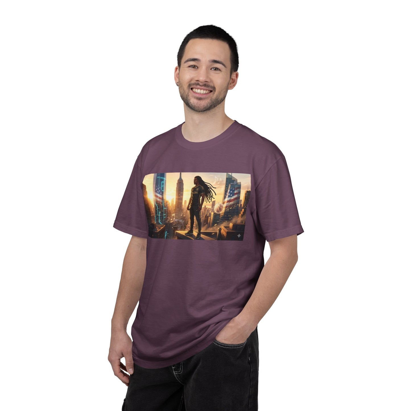 Cyberpunk Cityscape T-Shirt — Silhouette Hero at Sunset