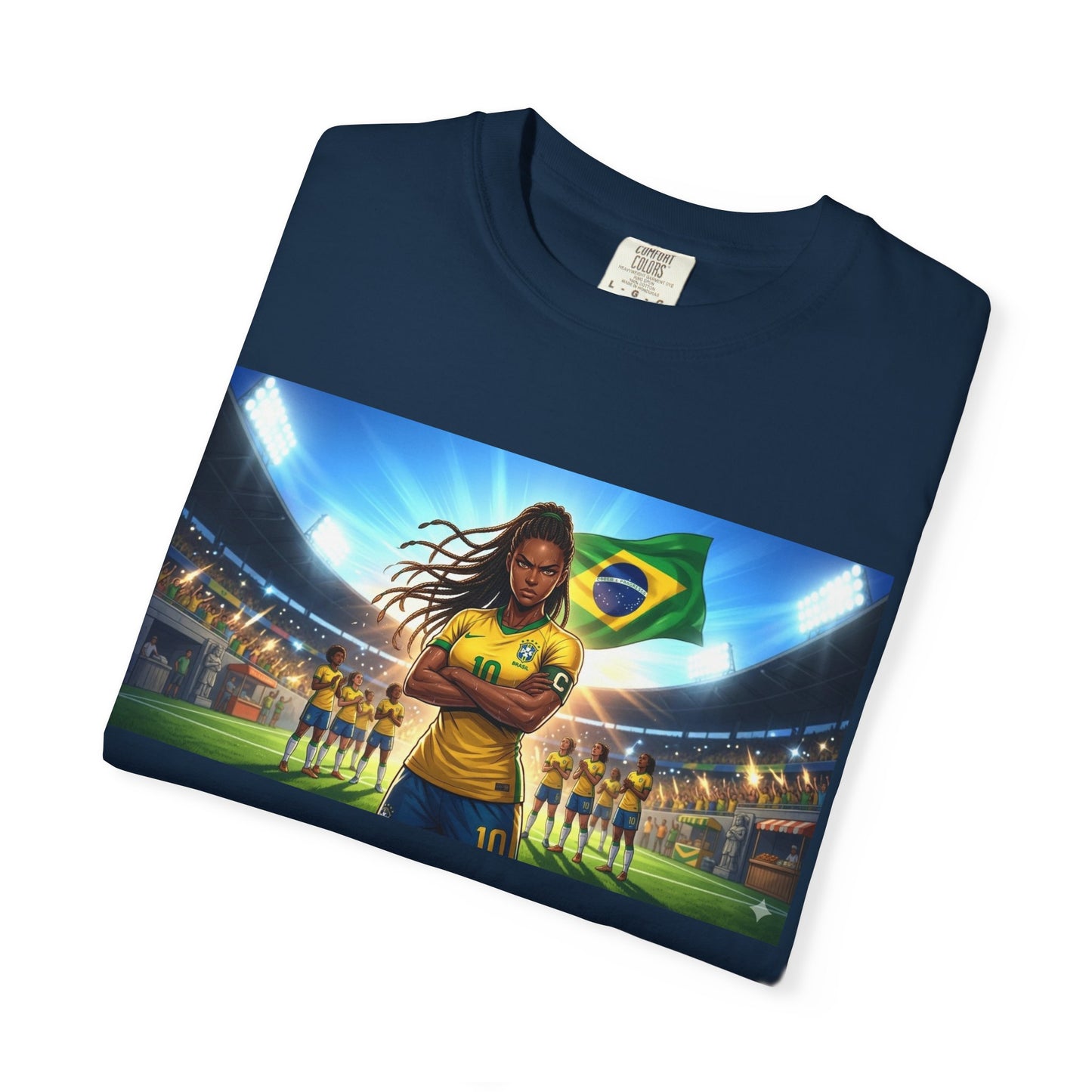 Brazil Soccer Captain T-Shirt — Player Holding Ball with Brazilian Flag Stadium Graphic
