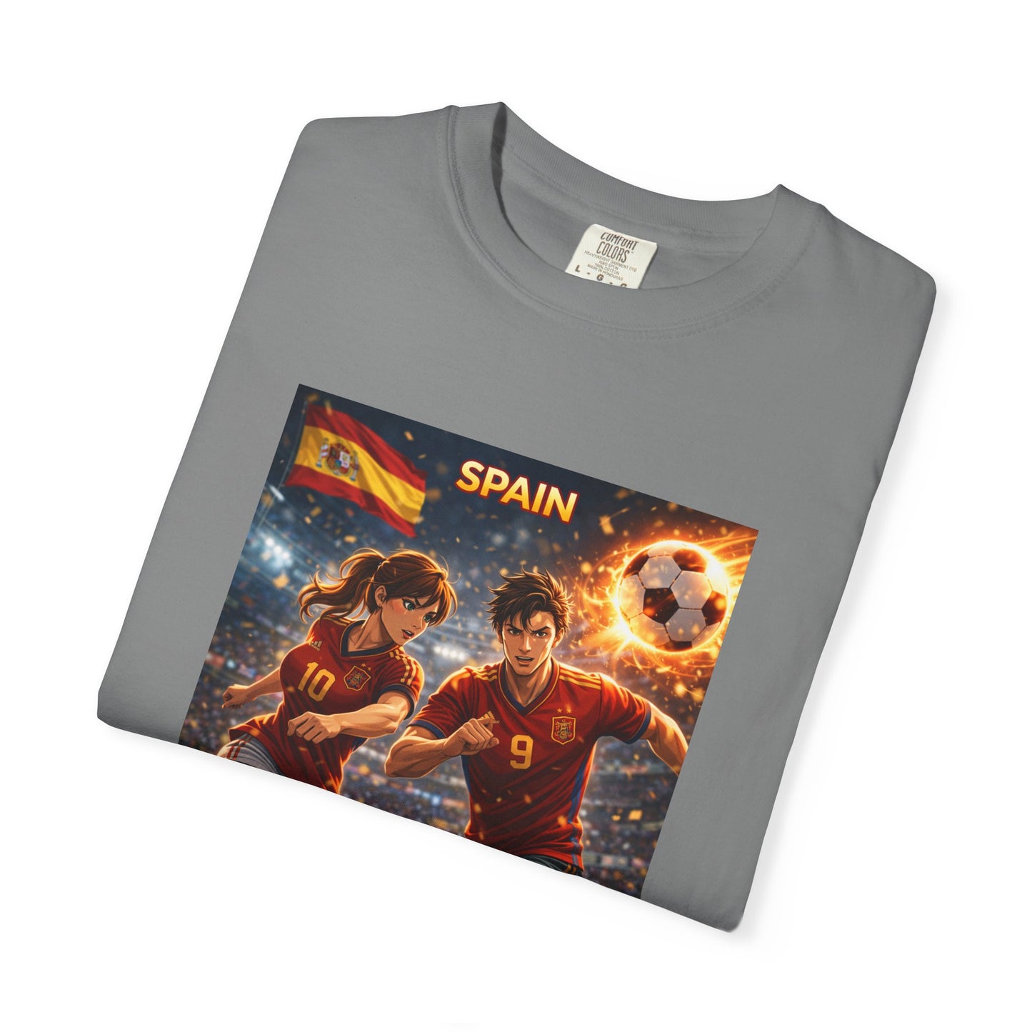Spain Soccer Graphic T-Shirt — Retro Match Scene with Flag