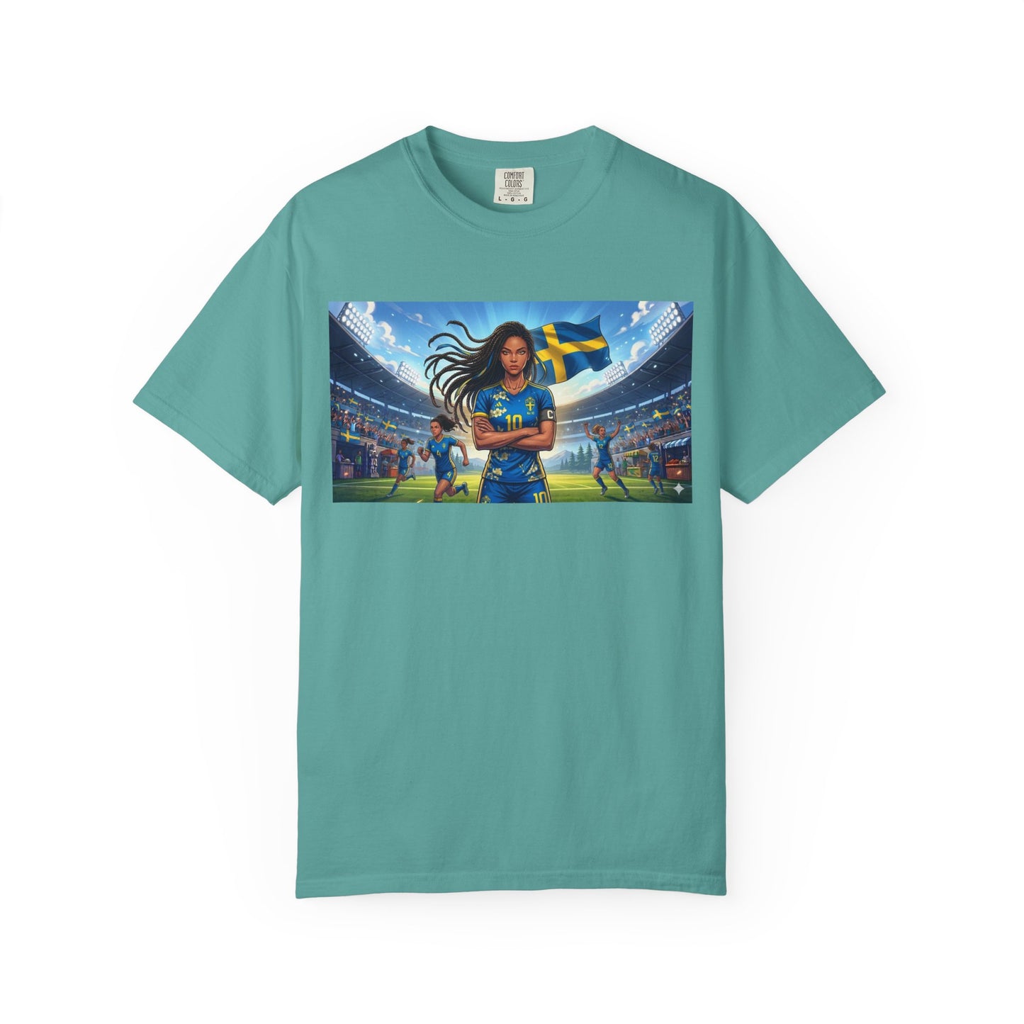 Swedish Soccer Pride T-Shirt — Female Footballer with Flag Stadium Design