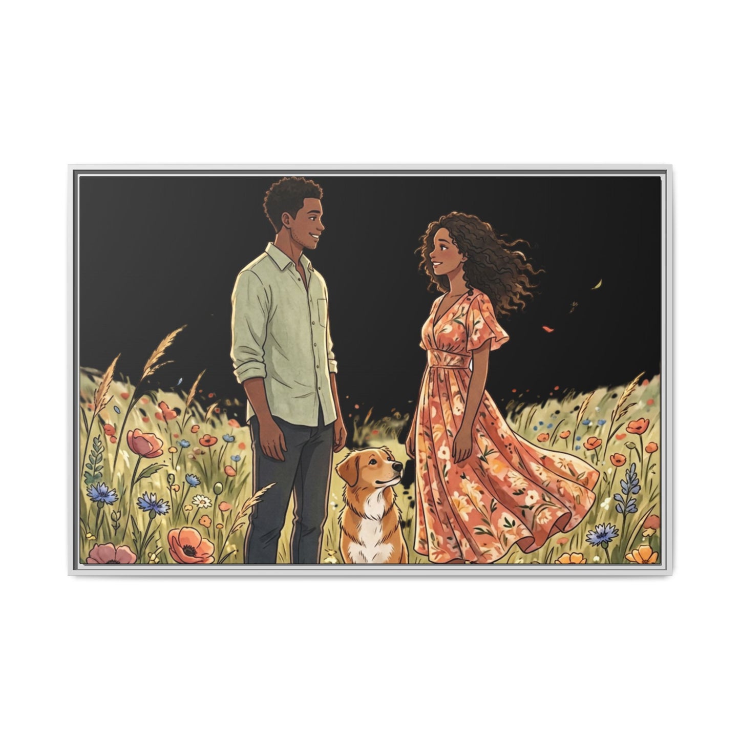 Framed Matte Canvas Print — Romantic Couple in Wildflower Field (Multi‑Color)