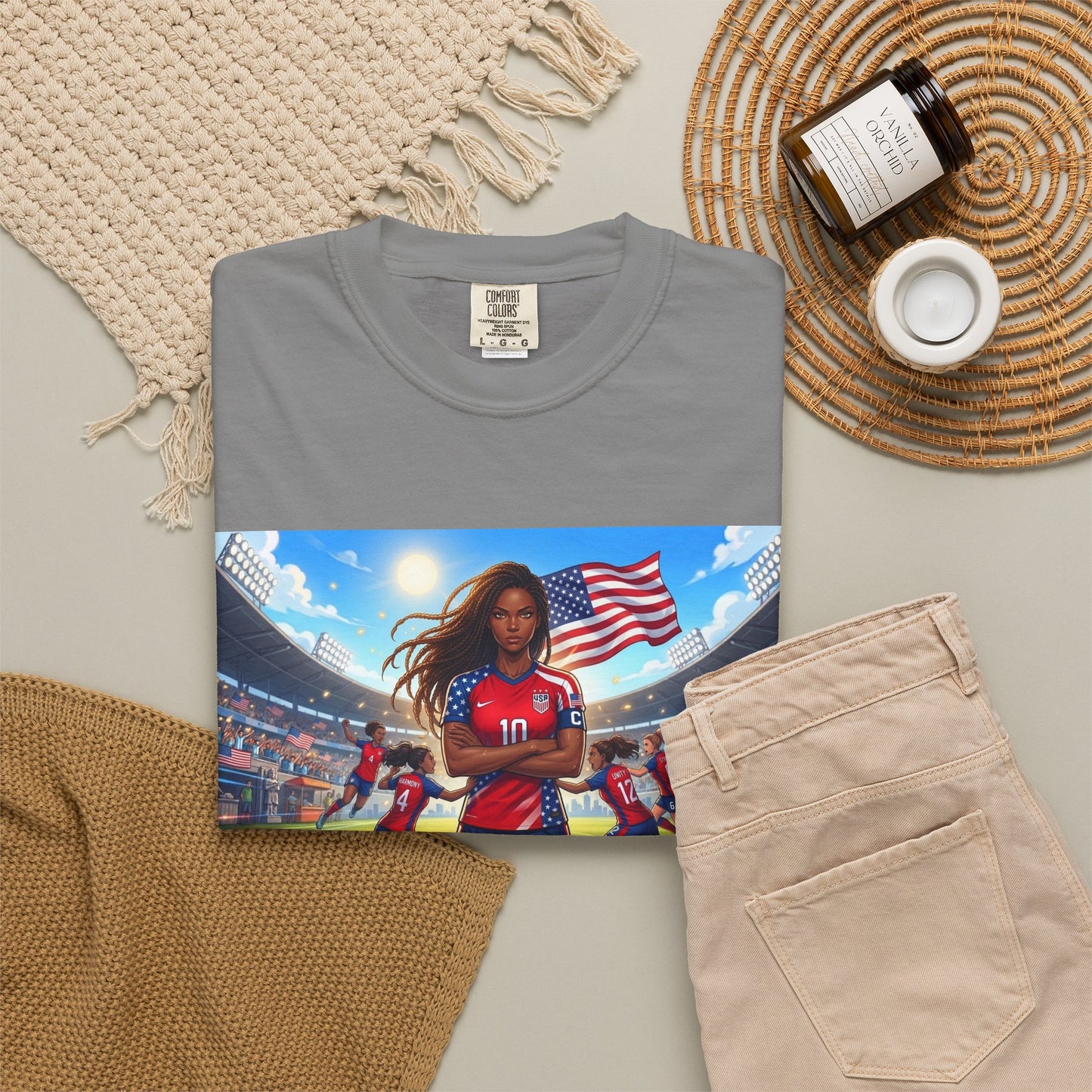 Soccer Mom USA T-Shirt — Female Soccer Player with American Flag Stadium Graphic