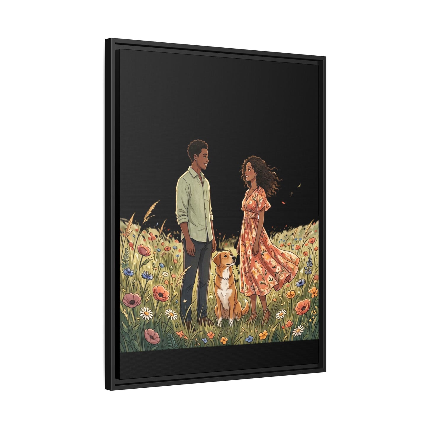 Framed Matte Canvas Print — Romantic Couple in Wildflower Field (Multi‑Color)
