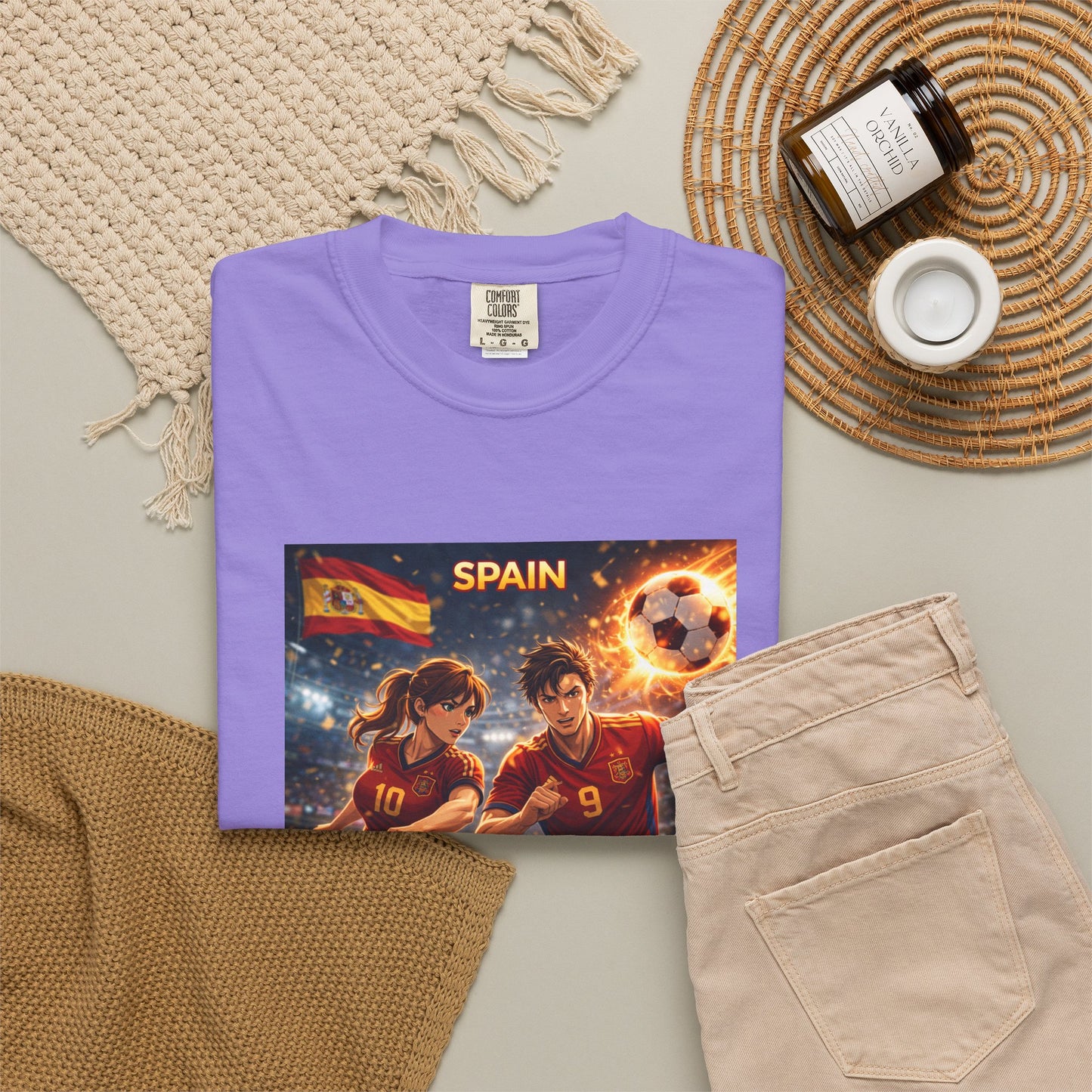 Spain Soccer Graphic T-Shirt — Retro Match Scene with Flag