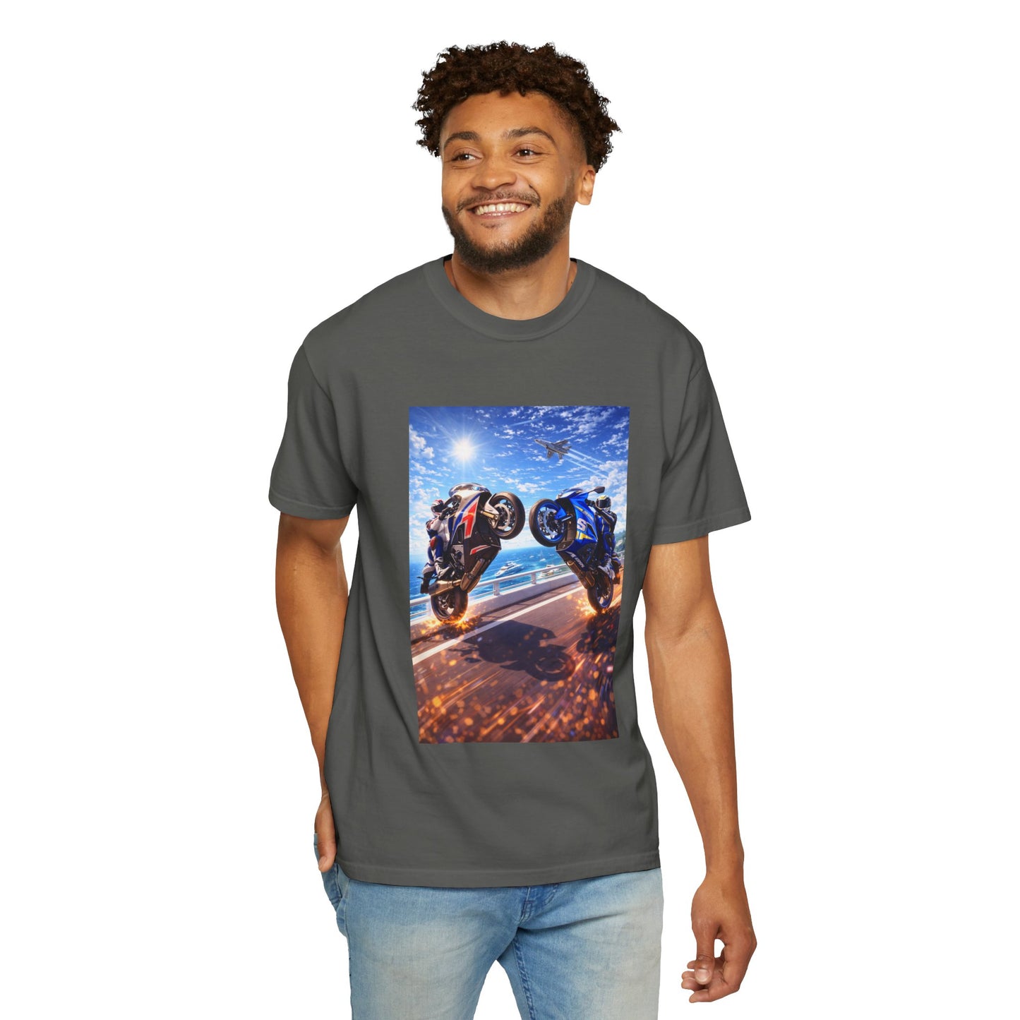 Stunt Riders Motorcycle T-Shirt — Two Bike Wheelie Racing Graphic Tee