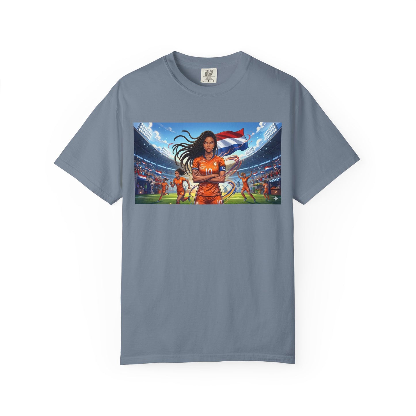 Soccer Warrior T-Shirt — Netherlands Female Captain with Flag Stadium Graphic