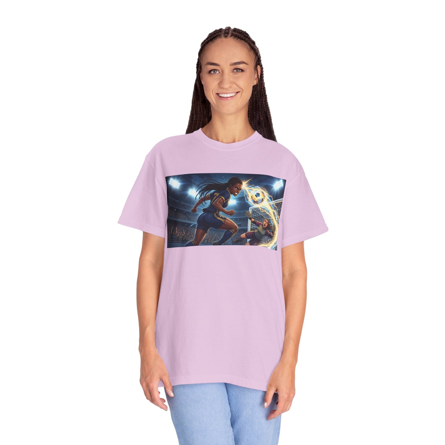 Soccer Duel Graphic T-Shirt — Futuristic Goalkeeper vs Striker Stadium Print