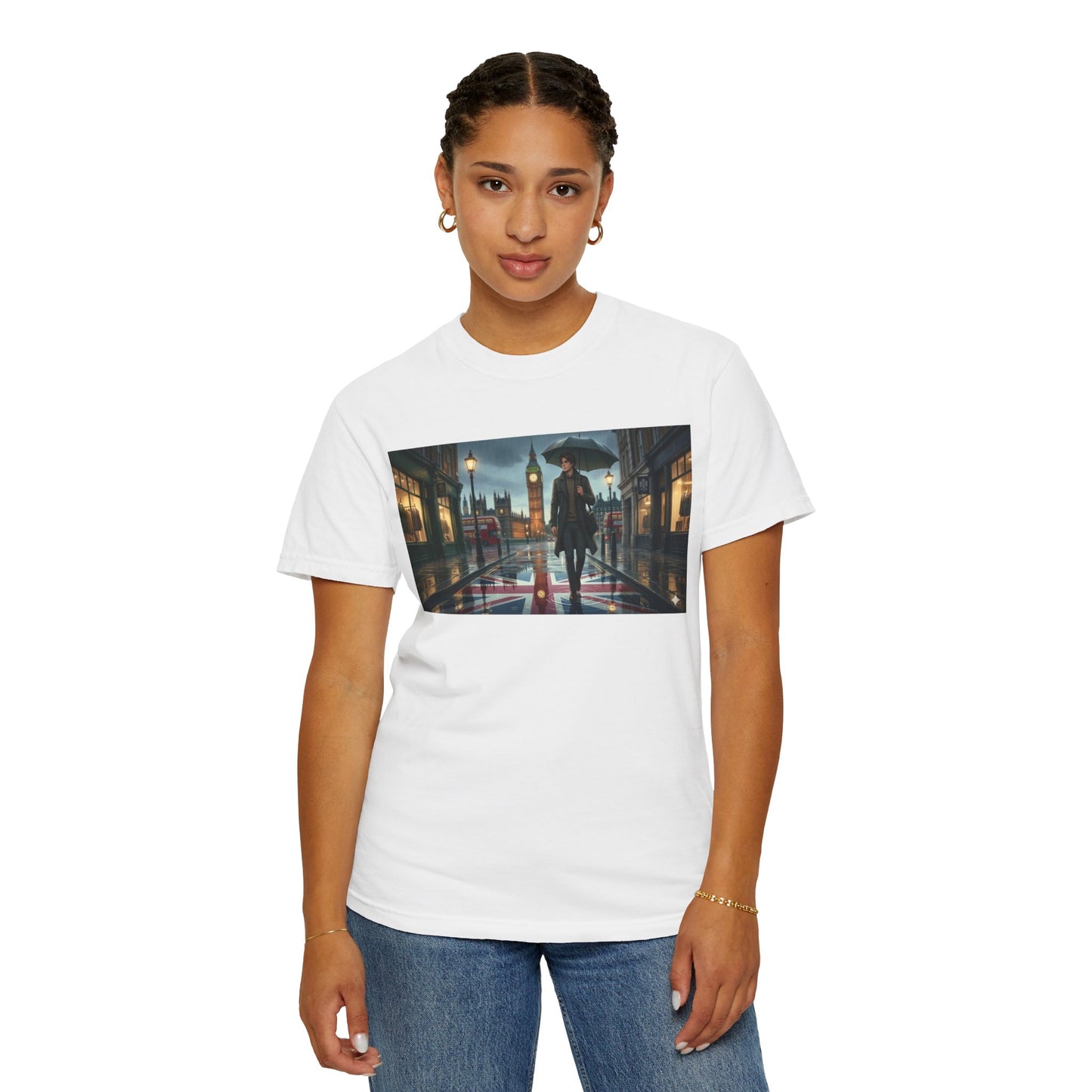 T-Shirt — Rainy London Street Scene Graphic Tee (Big Ben, Umbrella, Night Cityscape)
