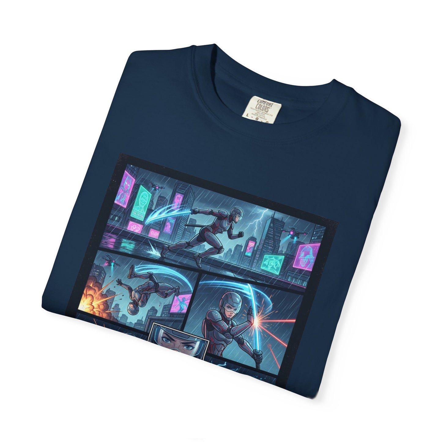 Cyberpunk Girl Samurai T-Shirt — Neon Manga Panel Graphic Tee