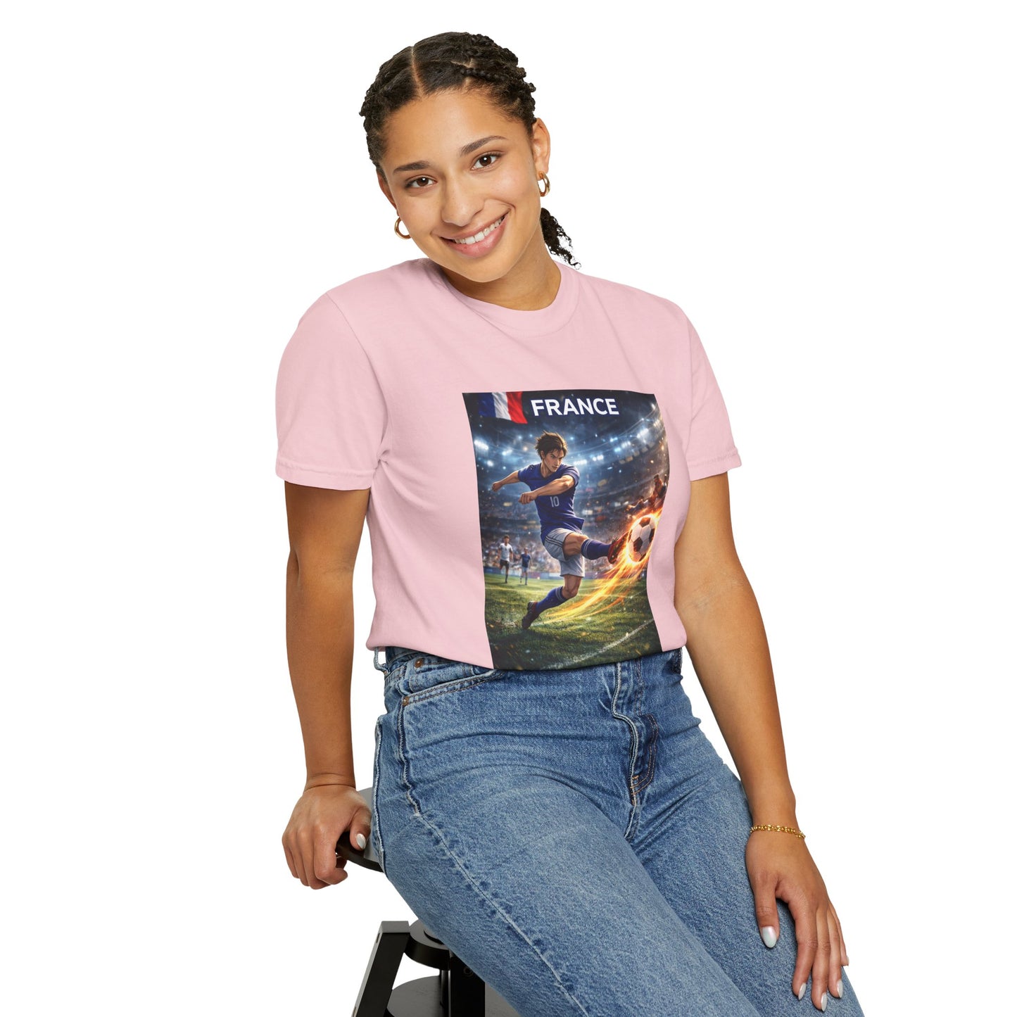 France Soccer Player Graphic T-Shirt — Football Kick Stadium Design