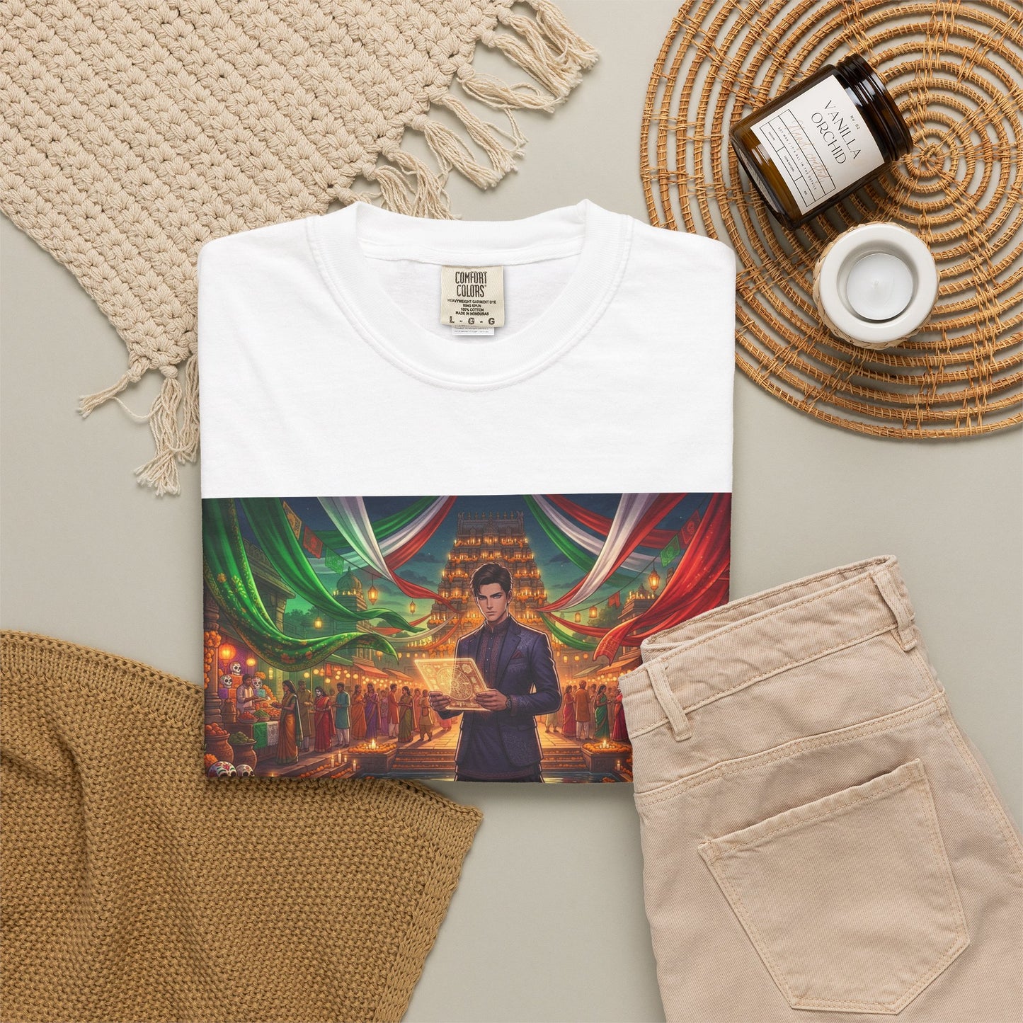 T-Shirt — Dragon Temple Night Scene Graphic Tee (Monk with Dragons)
