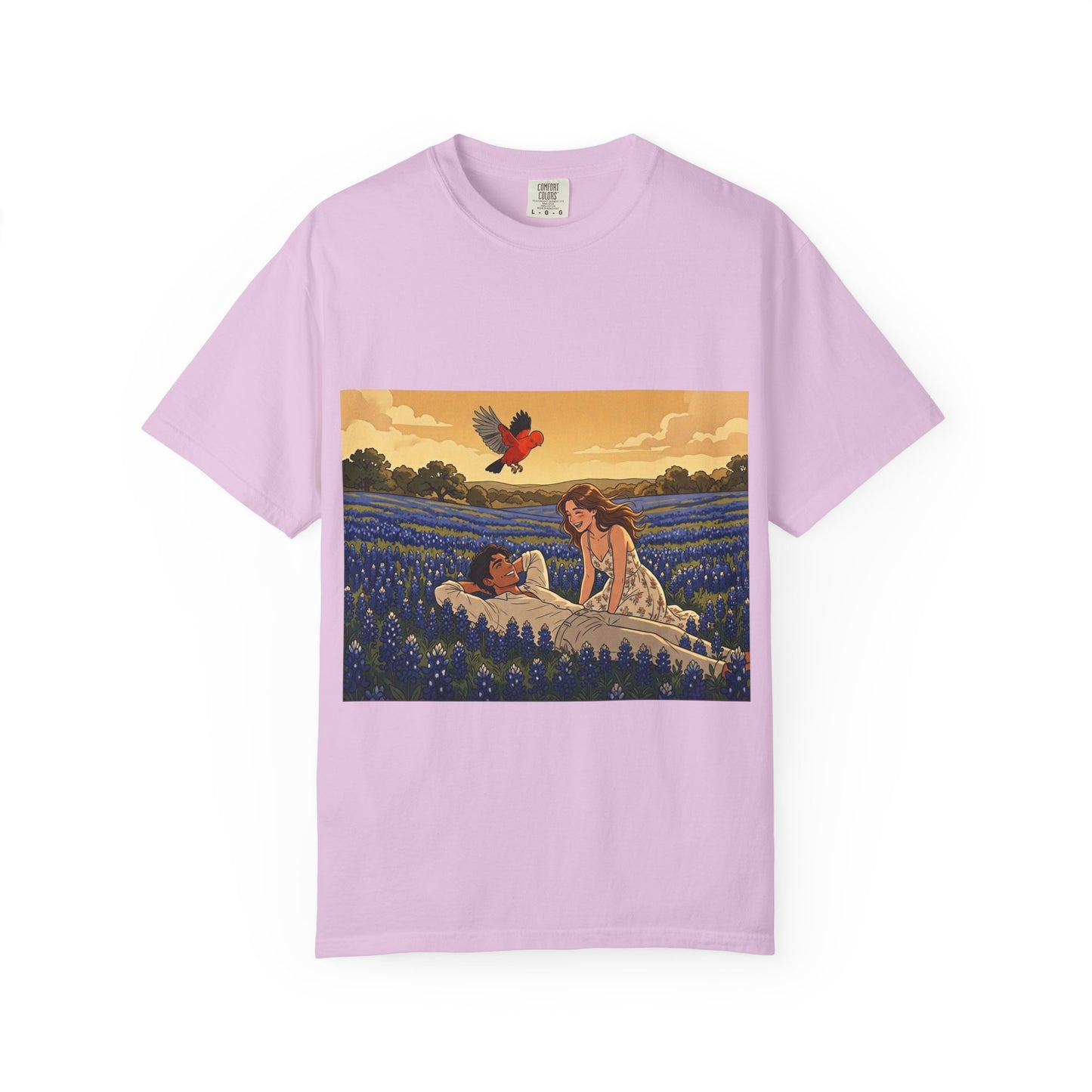 Romantic Bluebonnet Field T-Shirt — Couple in Wildflower Meadow Art Tee