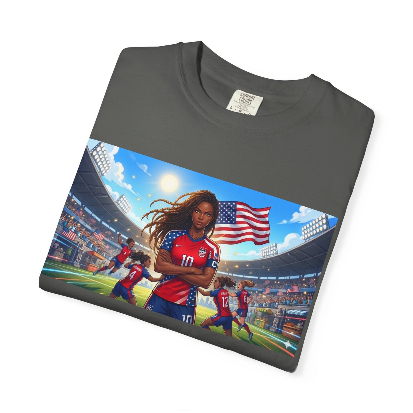 Soccer Mom USA T-Shirt — Female Soccer Player with American Flag Stadium Graphic