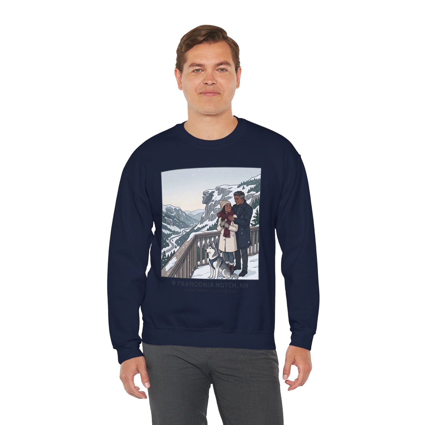 Crewneck Sweatshirt — Franconia Notch Winter Couple Scenic Graphic