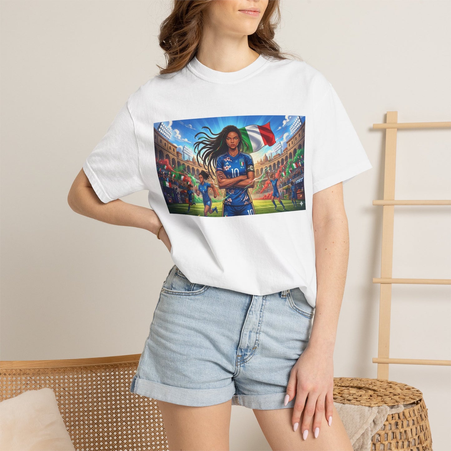 Italian Soccer Fan T‑Shirt – Inspirational Female Player with Italy Flag Stadium Print