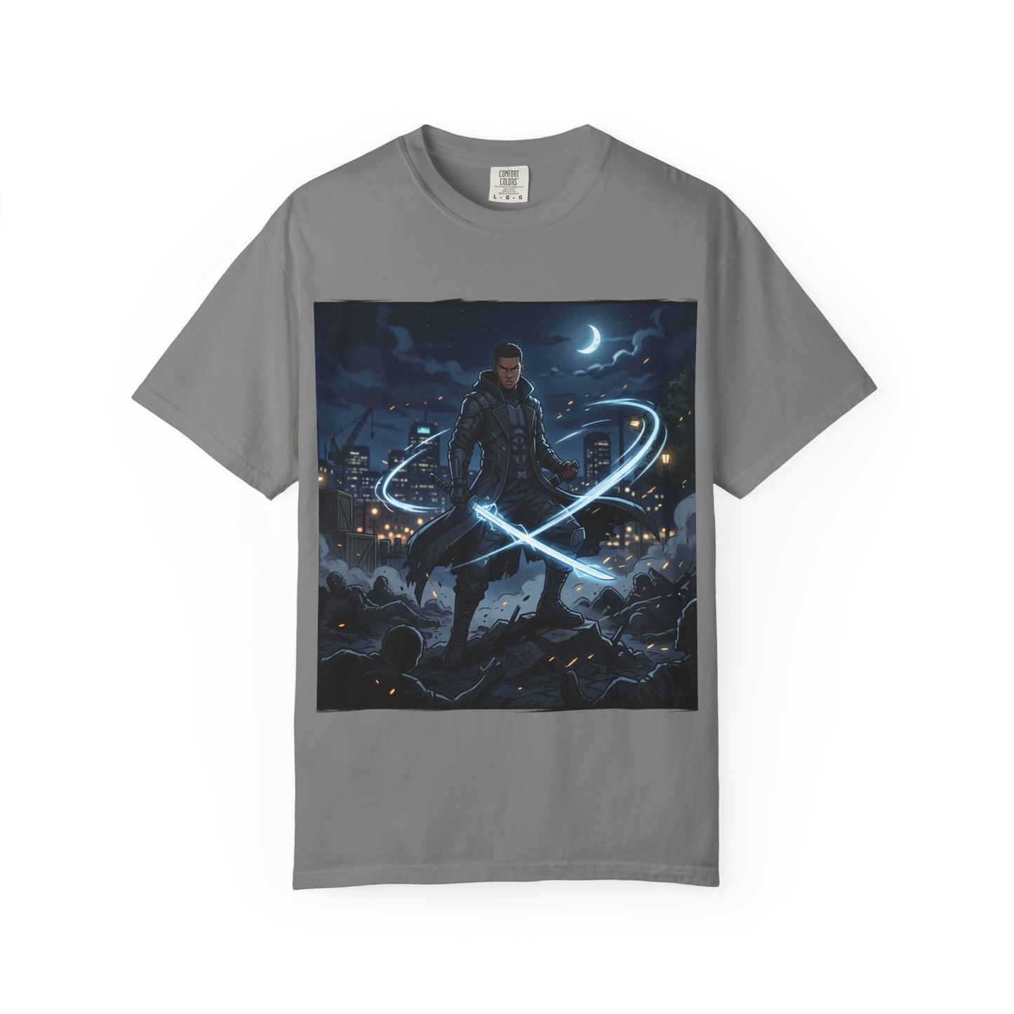 Urban Night Warrior T-Shirt — Neon Samurai Cityscape