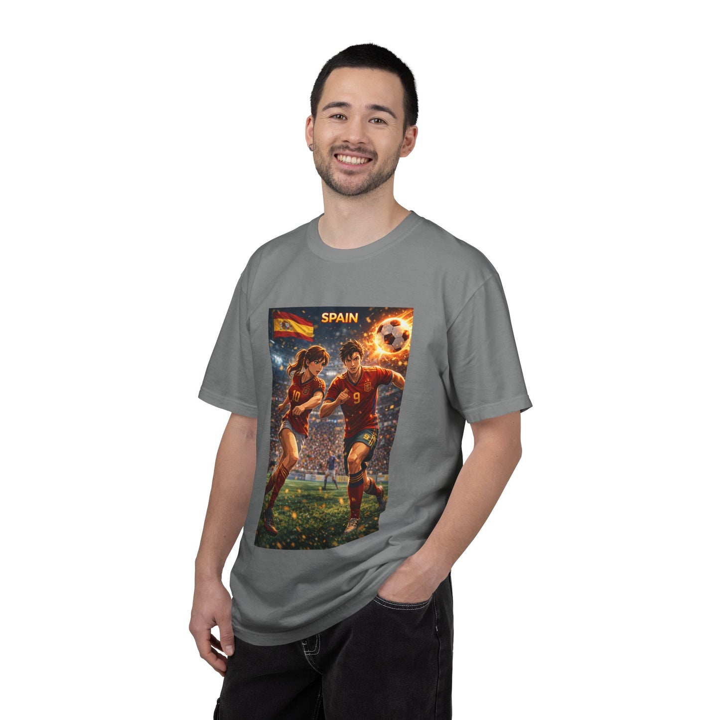 Spain Soccer Graphic T-Shirt — Retro Match Scene with Flag