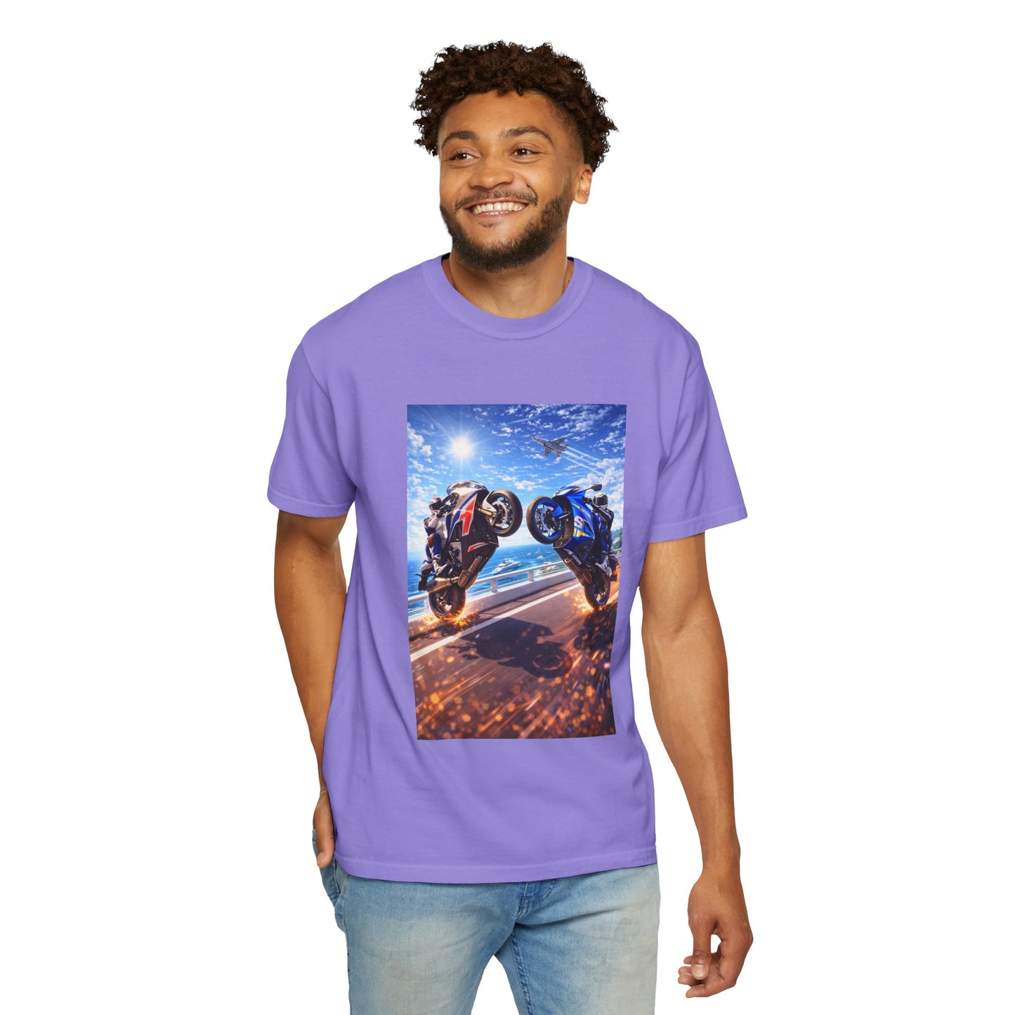 Stunt Riders Motorcycle T-Shirt — Two Bike Wheelie Racing Graphic Tee