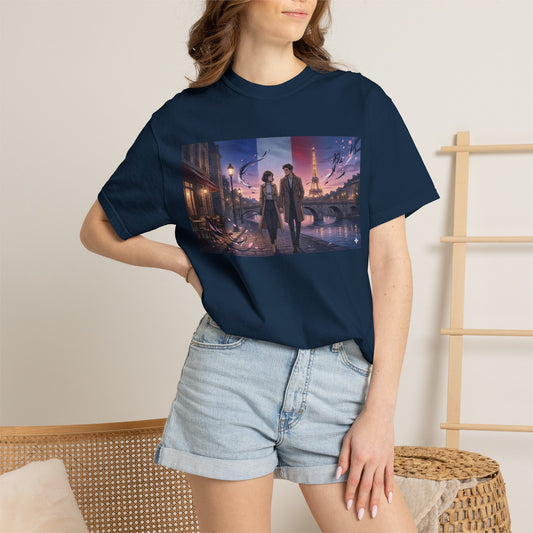 Couple Walking, Eiffel Tower - T-Shirt — Romantic Paris Nightscape Graphic Tee
