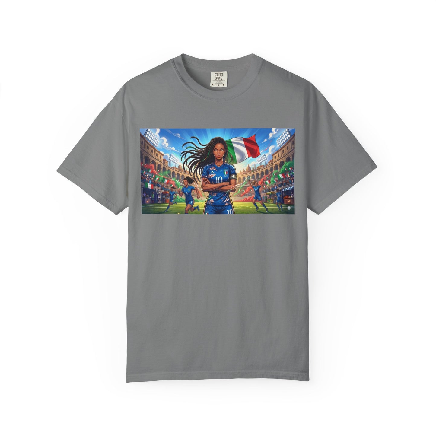 Italian Soccer Fan T‑Shirt – Inspirational Female Player with Italy Flag Stadium Print