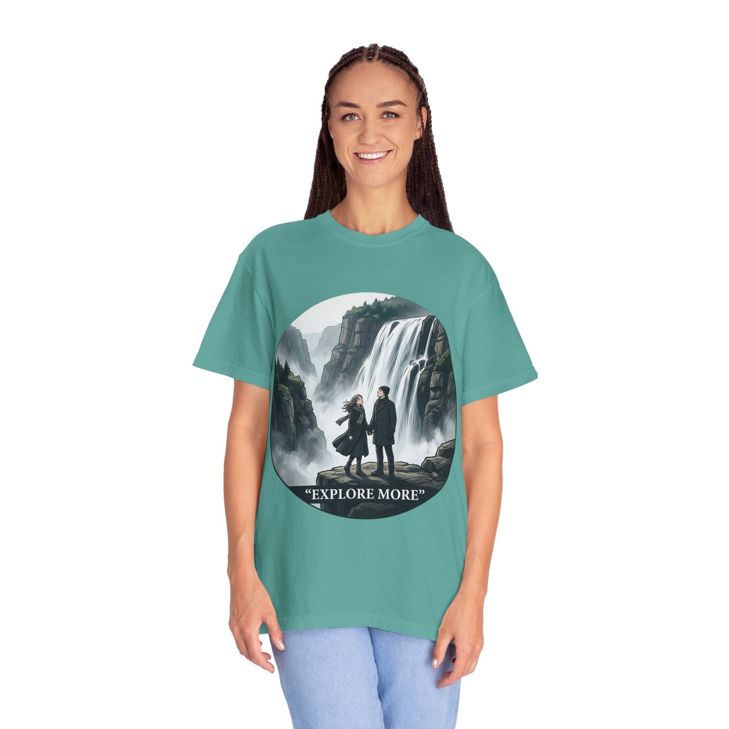 Explore More T-Shirt — Adventure Graphic Tee with Waterfall Scene