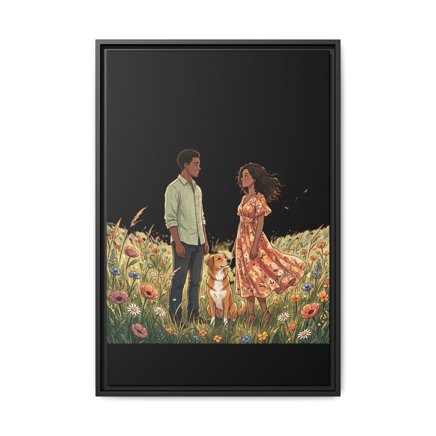 Framed Matte Canvas Print — Romantic Couple in Wildflower Field (Multi‑Color)