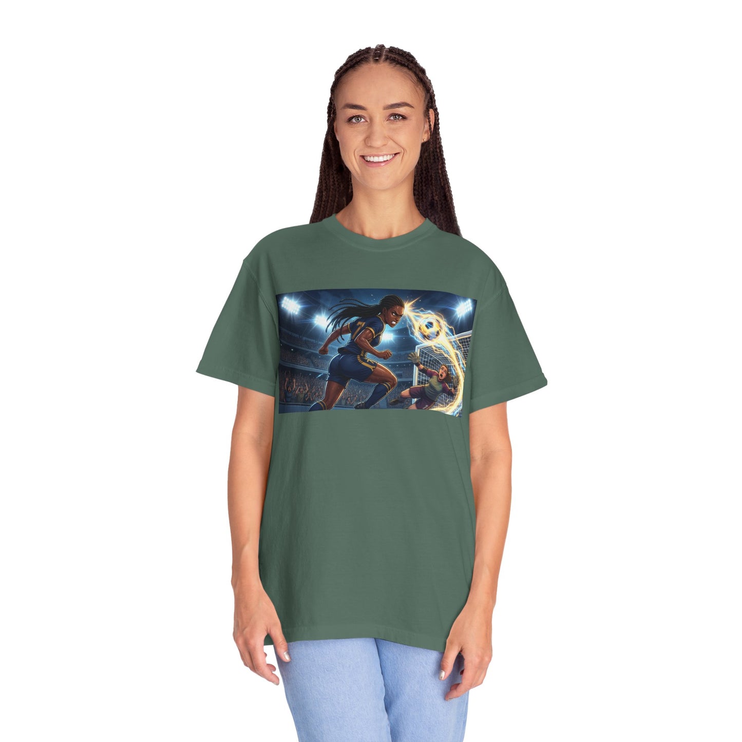 Soccer Duel Graphic T-Shirt — Futuristic Goalkeeper vs Striker Stadium Print